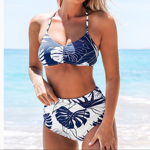 NEW Blue And White Leafy High Waisted Bikini Size Small - Picture 2 of 8